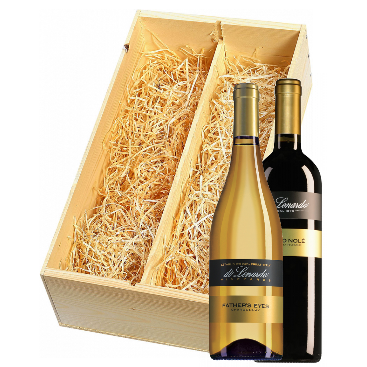 Wijnkist met Di Lenardo Vineyards Venezia Giulia Father's Eyes Chardonnay en Vino Rosso Ronco Nolè